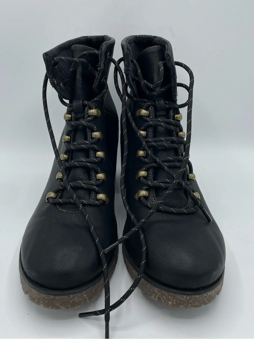 Korks by Kork-Ease Erica Black Lace-Up Hiker Combat Lug Heel Ankle Boots.